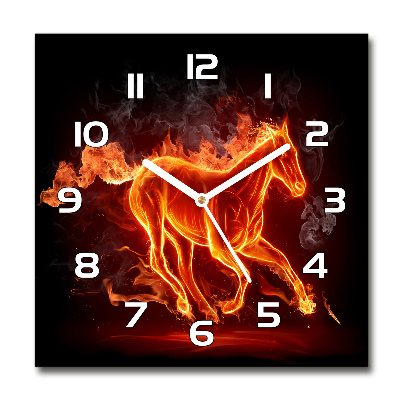 Vierkante glazen wandklok Paard in vlammen