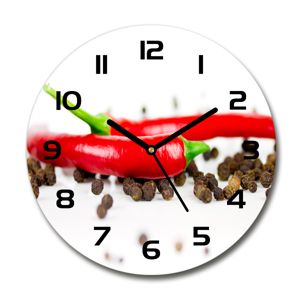 Ronde glazen wandklok Chili en peper