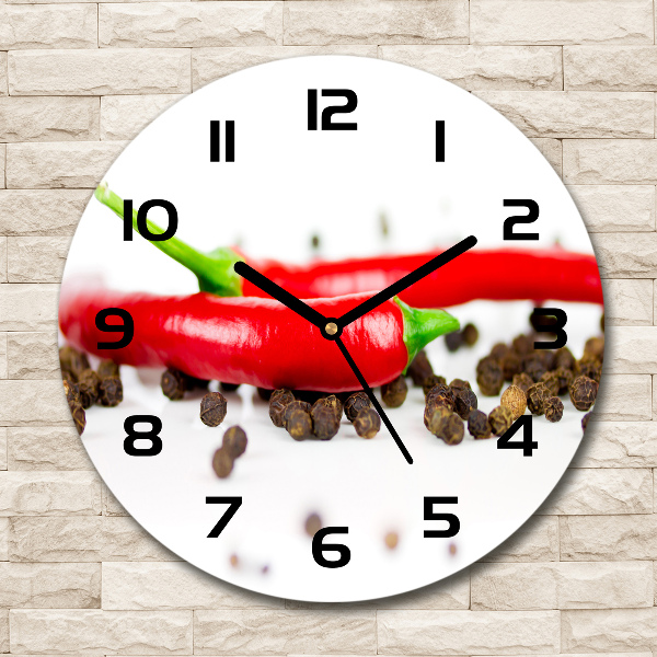 Ronde glazen wandklok Chili en peper