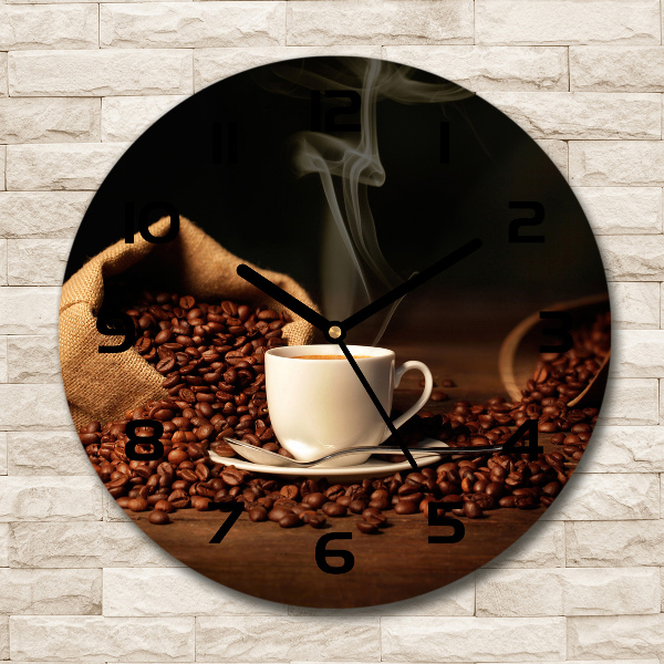 Ronde glazen wandklok Koffie in een kopje