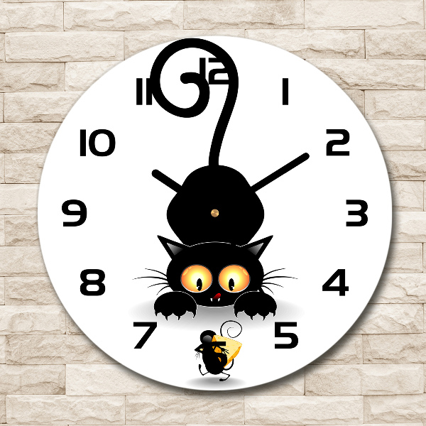 Ronde glazen wandklok Kat en muis