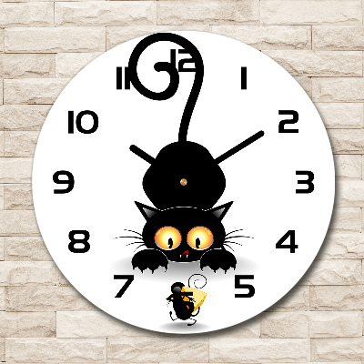 Ronde glazen wandklok Kat en muis