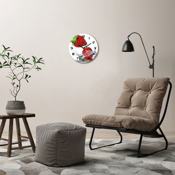 Ronde glazen wandklok Aardbeien en water
