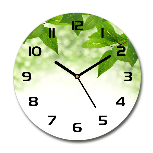 Ronde glazen wandklok Groene bladeren