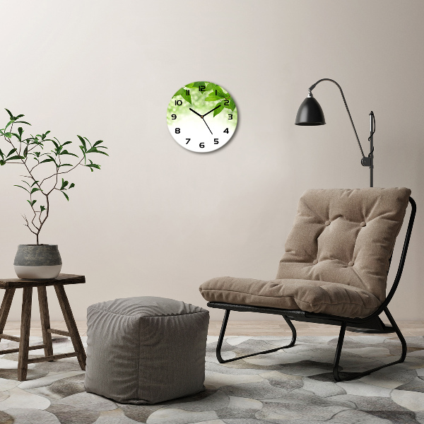 Ronde glazen wandklok Groene bladeren