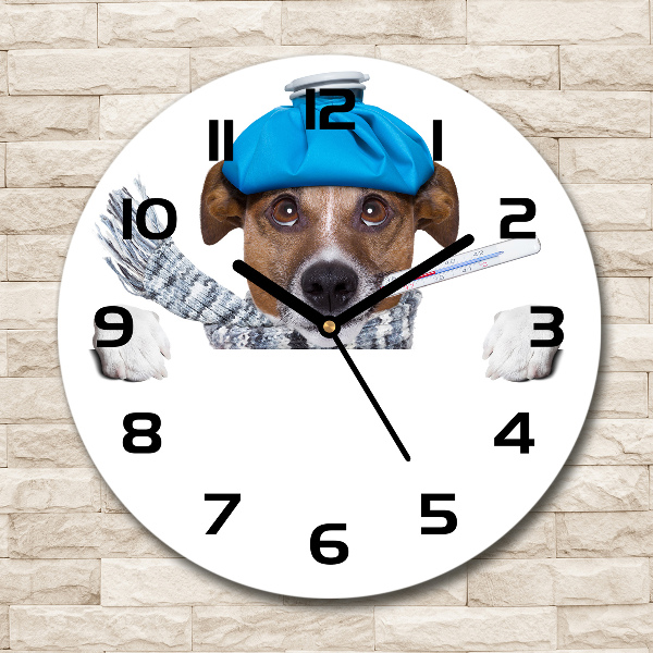 Ronde glazen wandklok Zieke hond