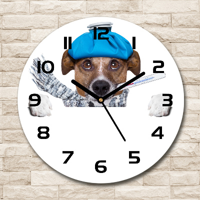 Ronde glazen wandklok Zieke hond
