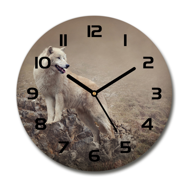 Ronde glazen klok Witte wolf op een rots