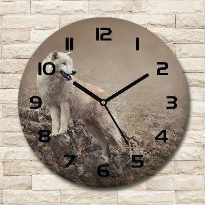 Ronde glazen klok Witte wolf op een rots