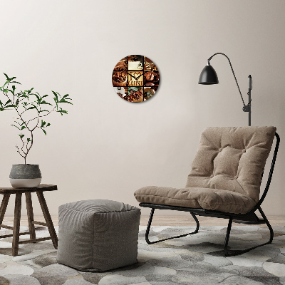 Ronde glazen wandklok Koffiecollage