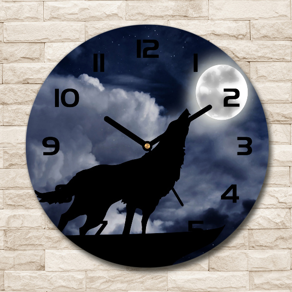 Ronde glazen wandklok De huilende wolf van de volle maan