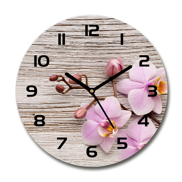 Ronde glas klok Orchidee op hout