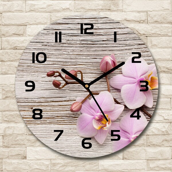 Ronde glas klok Orchidee op hout