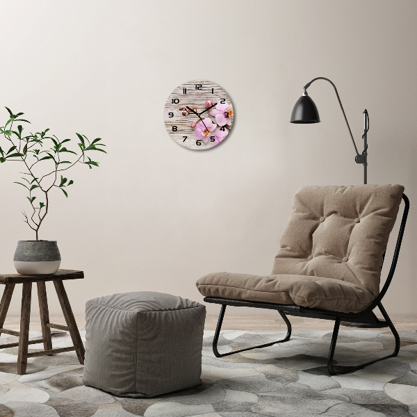 Ronde glas klok Orchidee op hout