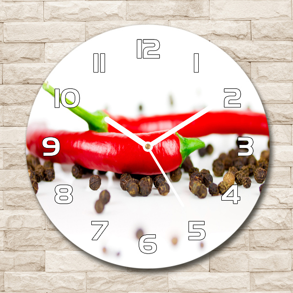 Ronde glazen wandklok Chili en peper