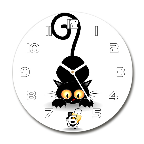 Ronde glazen wandklok Kat en muis