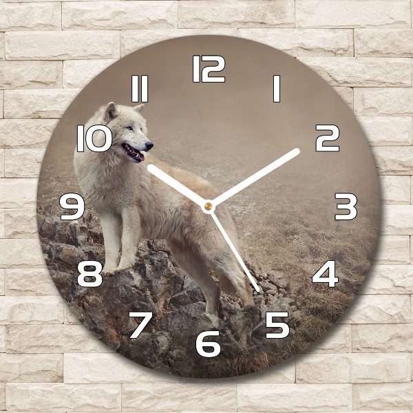 Ronde glazen klok Witte wolf op een rots
