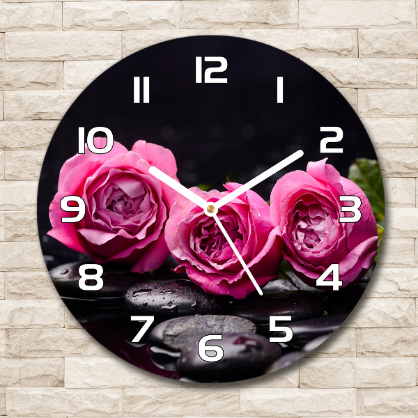 Ronde glazen wandklok Roze rozen