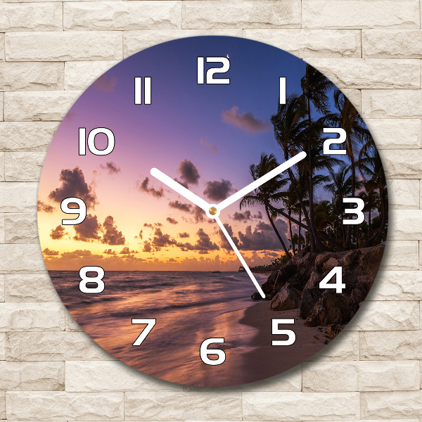 Ronde glazen wandklok Zonsondergang op het strand