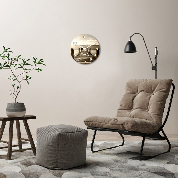 Ronde glazen wandklok Houten steiger