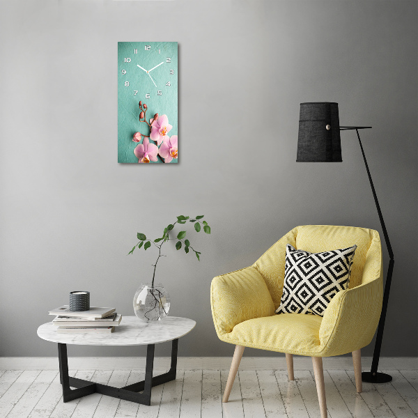 Rechthoekige glazen wandklok Roze orchidee