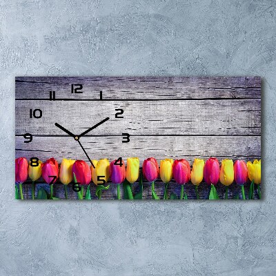 Glazen klok horizontaal Tulpen op hout