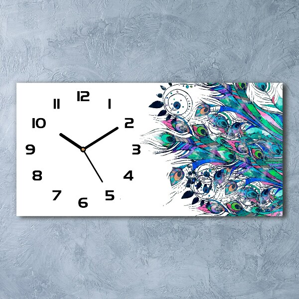 Glazen wandklok rechthoekig Pauwenveren