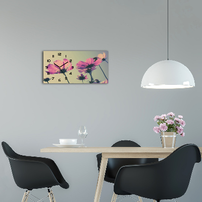 Langwerpige wandklok van glas Roze bloemen