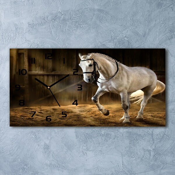 Glazen klok horizontaal Wit paard in de stal