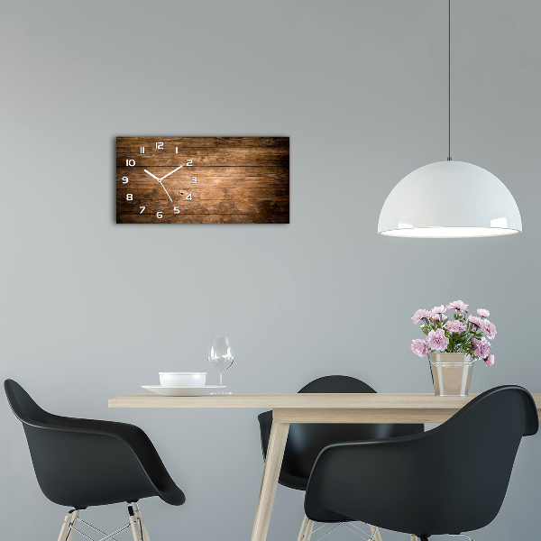 Langwerpige wandklok van glas Houten achtergrond