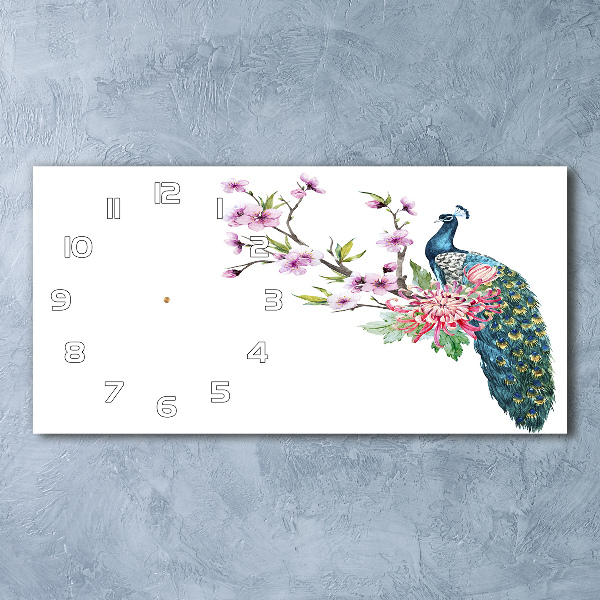 Langwerpige wandklok van glas Pauw en bloemen