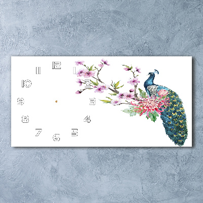 Langwerpige wandklok van glas Pauw en bloemen