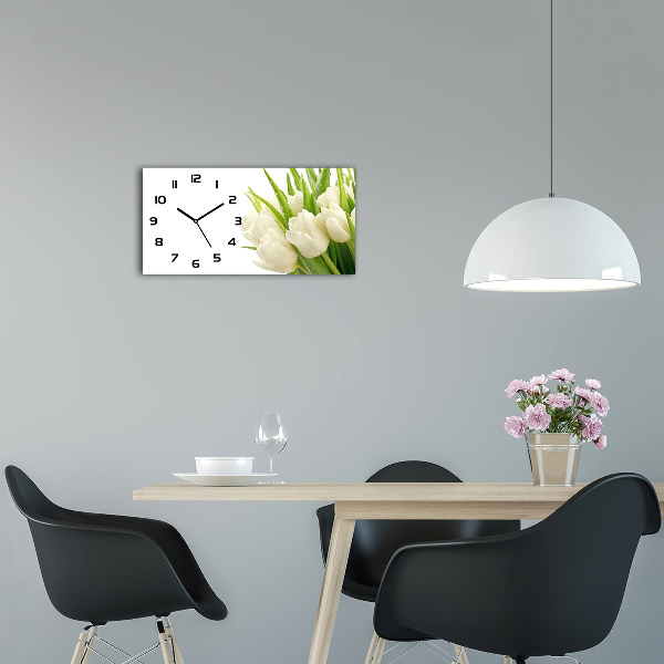 Langwerpige wandklok van glas Witte tulpen