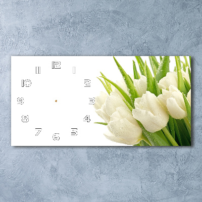 Langwerpige wandklok van glas Witte tulpen