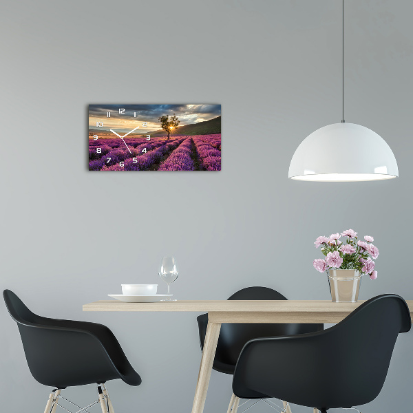Langwerpige wandklok van glas Lavendelveld