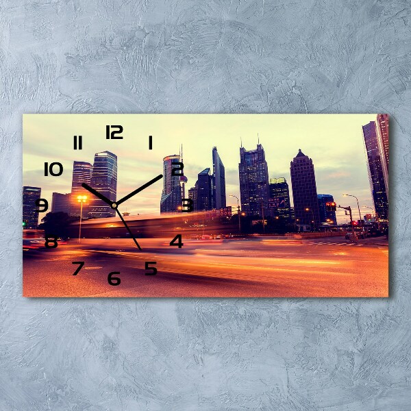 Langwerpige wandklok van glas Shanghai 's nachts