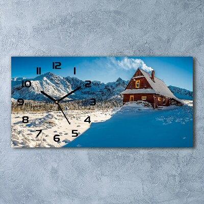 Langwerpige wandklok van glas Een huisje in de bergen