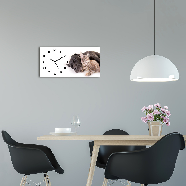 Langwerpige wandklok van glas Hond met kat