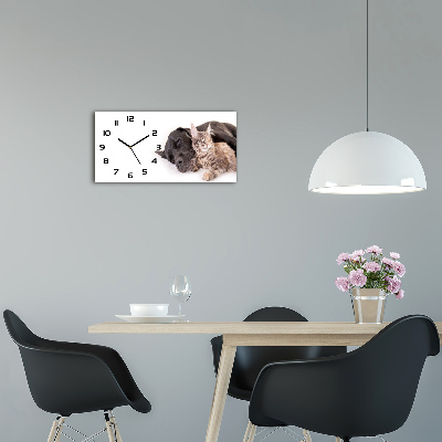 Langwerpige wandklok van glas Hond met kat