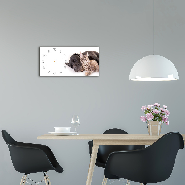 Langwerpige wandklok van glas Hond met kat