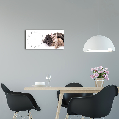 Langwerpige wandklok van glas Hond met kat