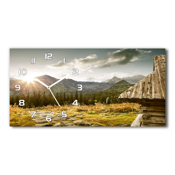 Langwerpige wandklok van glas Huis in de bergen