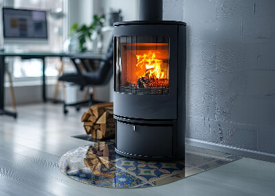 Halfronde plaat onder houtkachel Keramische patronen op de achtergrond