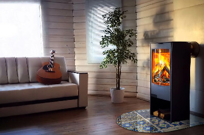 Halfronde plaat onder houtkachel Keramische patronen op de achtergrond