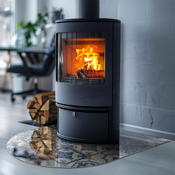 Halfronde plaat onder houtkachel Mozaïekmotief met bloemenaccenten