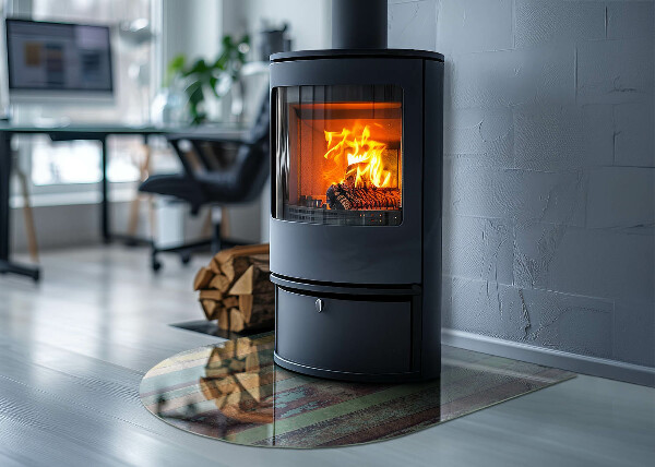 Halfronde plaat onder houtkachel Kleuren van het bord in verschillende tinten