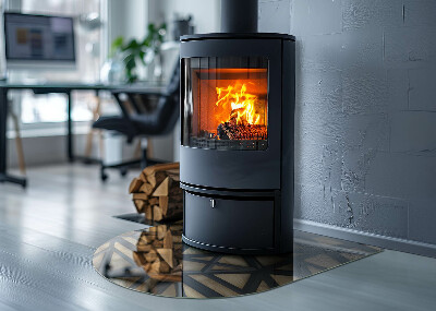 Halfronde plaat voor onder houtkachel Moderne vormen met een houten accent.