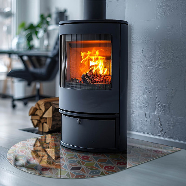 Halfronde plaat onder houtkachel Veelhoekige patronen op het web