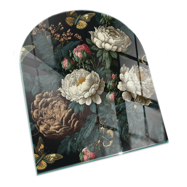 Halfronde plaat onder houtkachel Bloemenmotief met vlinders