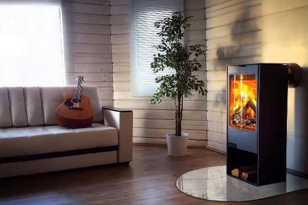 Halfronde plaat voor onder houtkachel Betonstructuur in een ruwe stijl